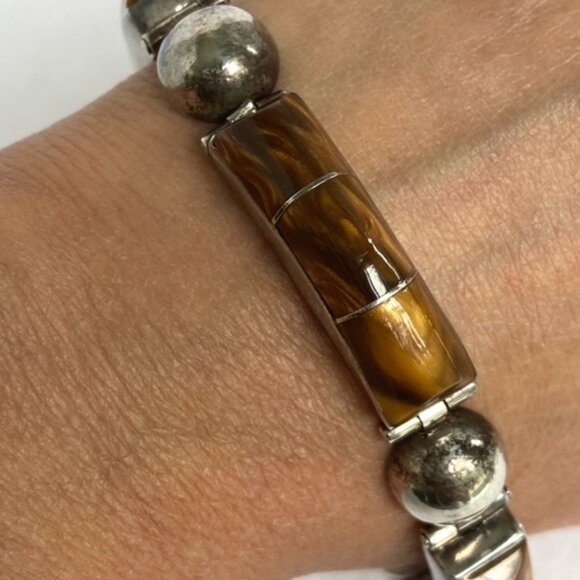 VTG Sterling Silver 925 Heavy Signed Southwest Tigers Eye Inlay Panel Bracelet - Picture 3 of 16